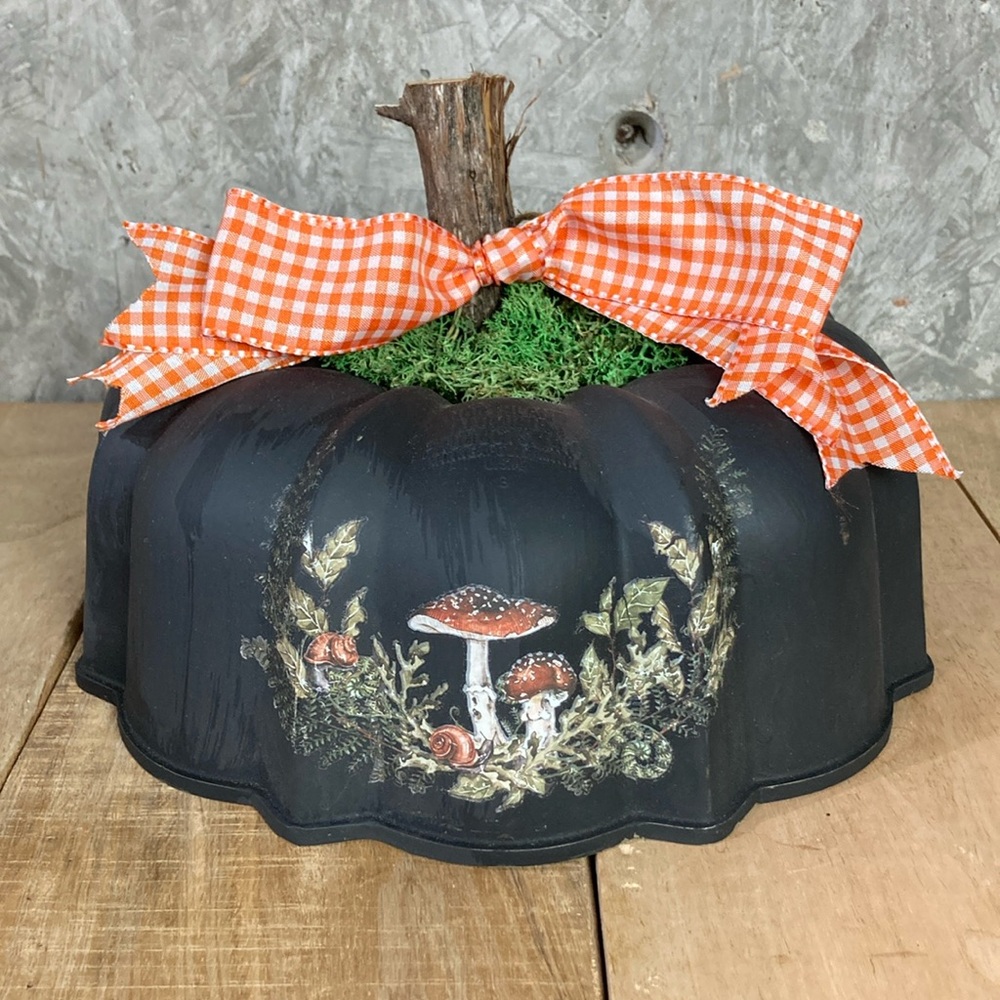 Handmade Upcycled Black Cake Pan Mushroom Pumpkin